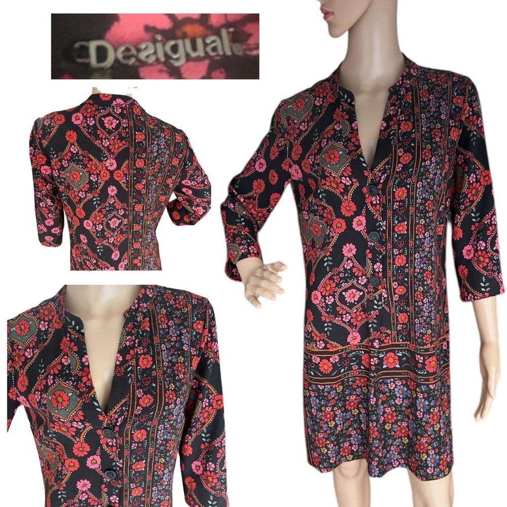 Desigual Floral Print Button Front Tunic Dress Black Red Multicolor EU 38 M